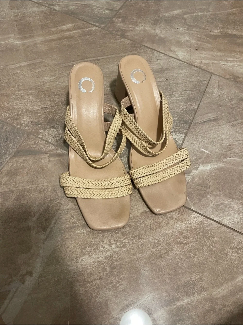 Braided Strap Beige Block Heel Sandals - Women's